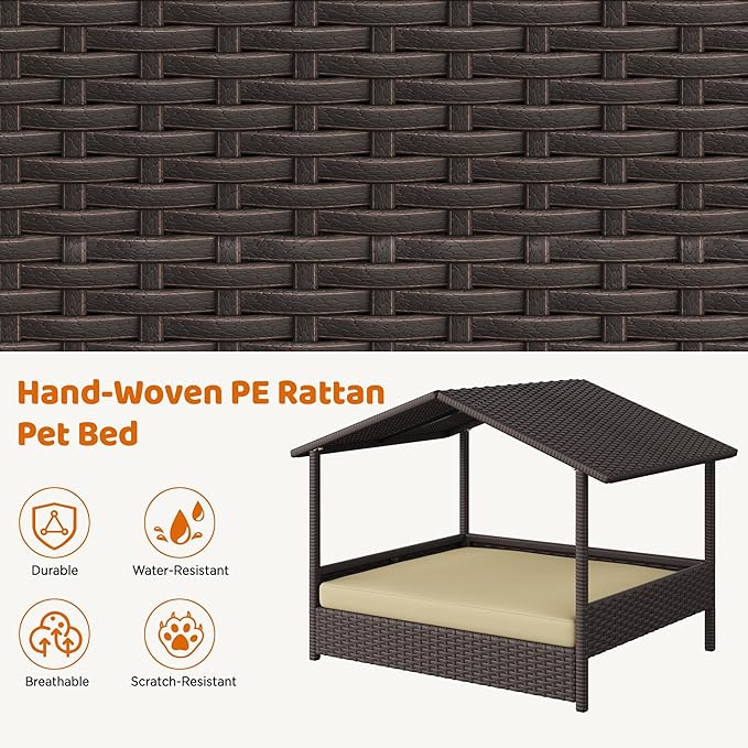 Yaheetech Wicker Dog House Outdoor Indoor with Canopy, Elevated Dog Shelter Dog Bed with Cushion for Small/Medium Dogs, Shade for Deck, Patio, Yard, Pool Brown House, Khaki Cushion