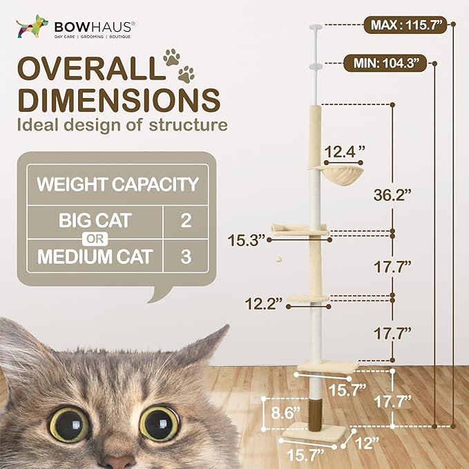 Floor to Ceiling Cat Tree, Adjustable Height 104”-115” Multi-Tier Cat Climbing Tower w/Itching Scratcher, Cozy Hammock, Interactive Playball, Platforms for Indoor Cats, Beige