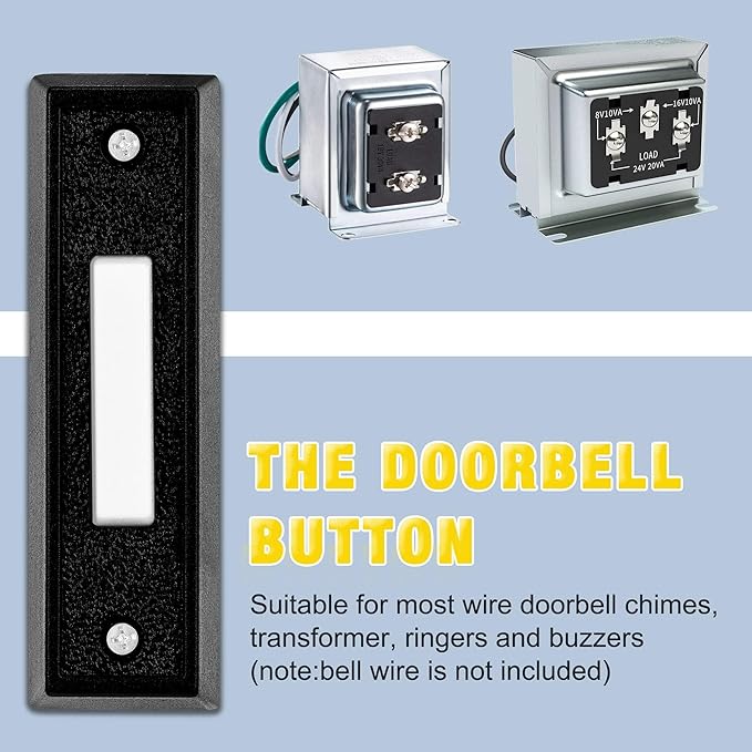 Saillong 1 Piece Lighted Doorbell Button, Wall Mounted Garage Door Opener Switch with LED Light Compatible with Most Wire Doorbell Chimes, Transformer, Ringer, Buzzers (Black,Warm Light)