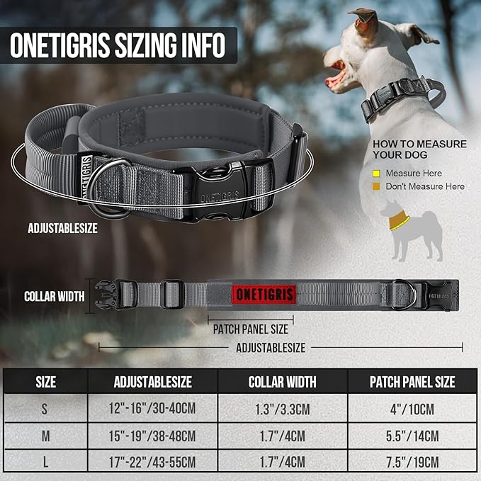 OneTigris Tough Dog Collars, Tactical Dog Collar with Handle, Milltary Adjustable Dog Collar with Heavy Duty Metal Buckle for Training (Medium,Gray)