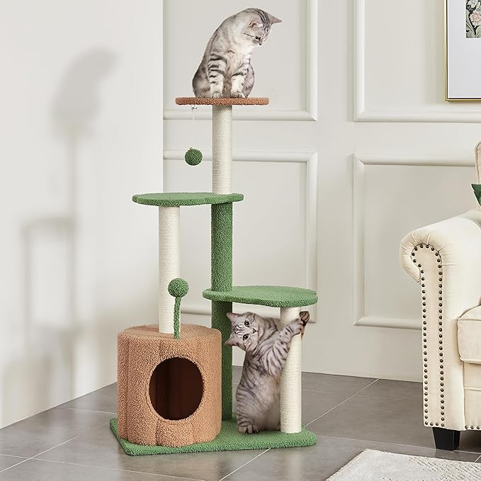 Yaheetech 42in Cactus Cat Tree, Green Cat Tree Tower w/Pumpkin Condo, Multi-Level Perches, 3 Scratching Posts, Teasing Ball for Indoor Kittens
