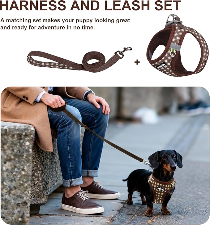 AIITLE Adjustable Dog Harness and Leash Set, Step in No Pull Pet Harness, Soft Mesh Reflective Plaid Vest Harnesses for Small Dogs Puppy and House Cats Outdoor Walking Running Chocolate XS