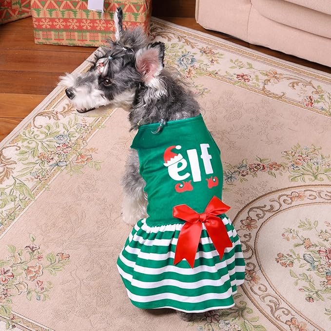 CuteBone Elf Dog Dresses Velvet Holiday Small Dogs Clothes Onesie Pet Apparel Girl Puppy Skirt with Bow Hair Rope CVA55XXS-D