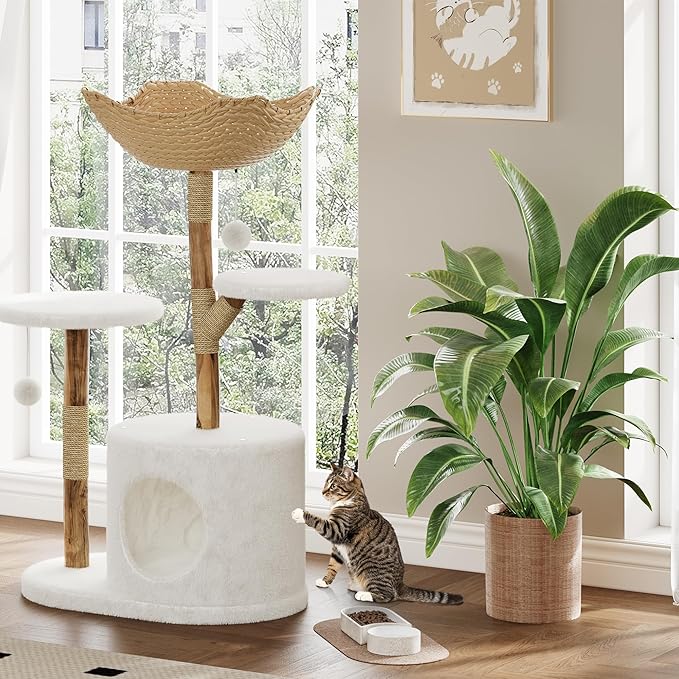 GAOMON 46" Modern Cat Tree for Large Cats, Real Solid Wood Branch Luxury Cat Condo with Scratching Post and Cat Bed, Boho Aesthetic Luxury Pet Furniture