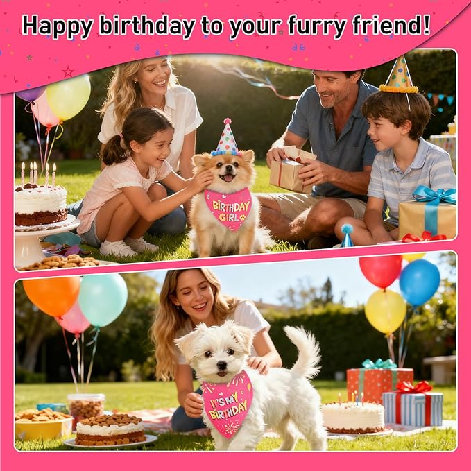 SZEE Dog Birthday Bandana, Reversible Bandanas for Dog Birthday Outfits, Pet Apparel & Accessories, Triangle Pet Scarf for Photo Prop and Holiday Decor (Small, Pink)
