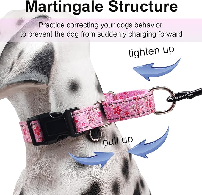 Reflective Martingale Collar for Dogs with Quick Release Buckle Cute Girl Female Flower Dog Collars (Pink Floral, Medium)