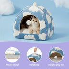 Lesure Cute Cat Beds for Indoor Cats - 2 in 1 Cat Cave Bed for Kittens and Small Pets with Removable Washable Cushioned Pillow, Cozy Kitten Tent with Non-Slip Bottom, Blue, 16 inches