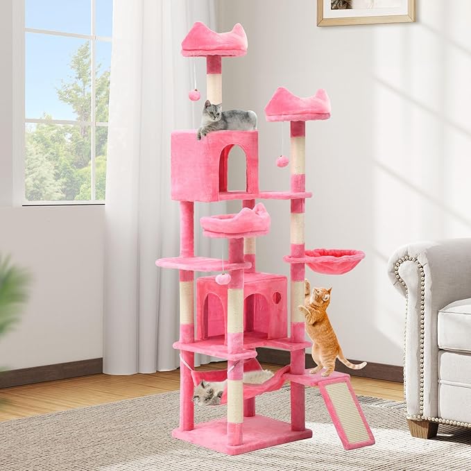 DWVO 75 in Multi-Level Cat Tower: Tall Cats Tree for Indoor Kittens, Pet Furniture with Kitty Condos, Top Perches, Sisal Ramp Scratching Posts, Cozy Basket, Hammocks, Pink