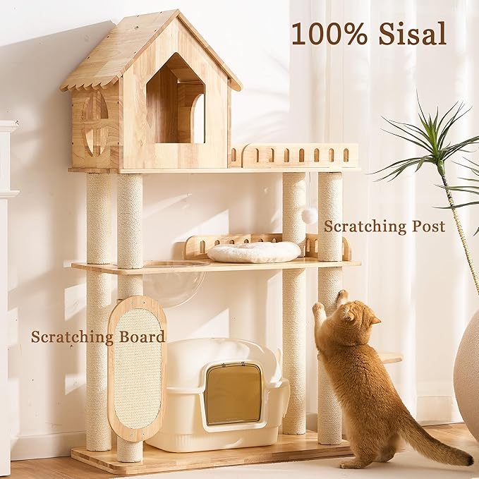 Modern Solid Wood Cat Tree Tower for Indoor Cats Large Adult, 58 inch Corner Cat Tree with Cat House, Luxury Aesthetic Cat Tree with Space Capsule, Large Perch, Sisal Scratching Pad Post