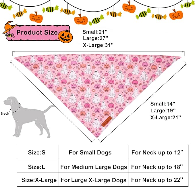 ADOGGYGO Halloween Dog Bandana, Pink Pumpkin Ghost Scarf, Adjustable Fit Female Halloween Bandanas for Medium Large Dogs Pets (Large)