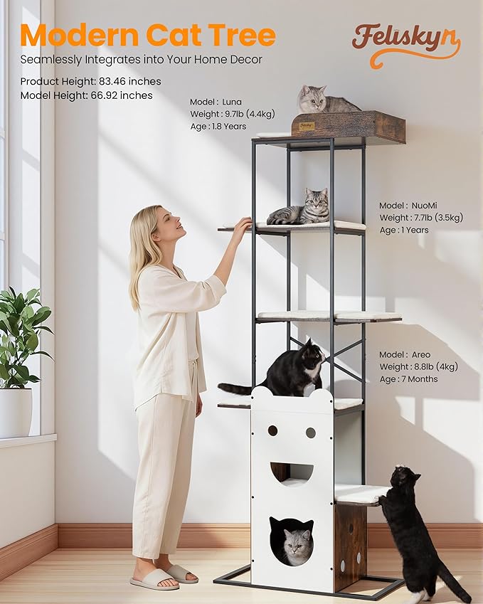 Wood Cat Tree Tower, 84 Inch Modern Extra Tall Cat Condo Trees for Indoor Cats Large Adult, XL Multi-Level Heavy Duty Wooden Sturdy Cat House Furniture with Platform Perch Bed Scratching Post