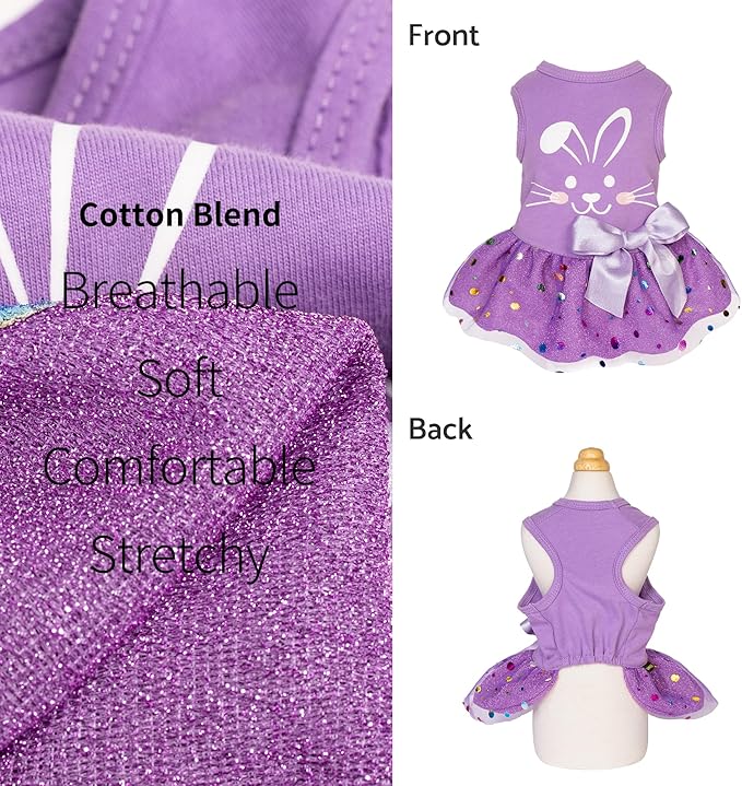 Fitwarm Easter Bunny Dog Dress, Holiday Dog Clothes for Small Dogs Girl, Pet Easter Outfit, Purple, White, Large