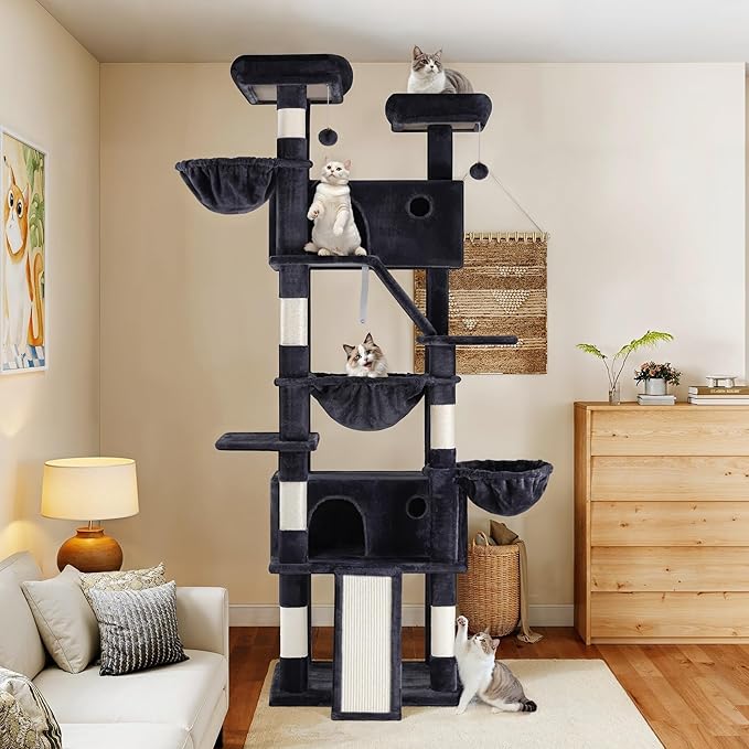 WEEWAY Cat Tree Tower for Indoor Cats,81'' Multi-Level Cat Furniture Activity Center,Stand House Condo Cave,Sisal Scratching Posts Ramps,Plush Perches Platforms Basket Hammock, Dark Grey