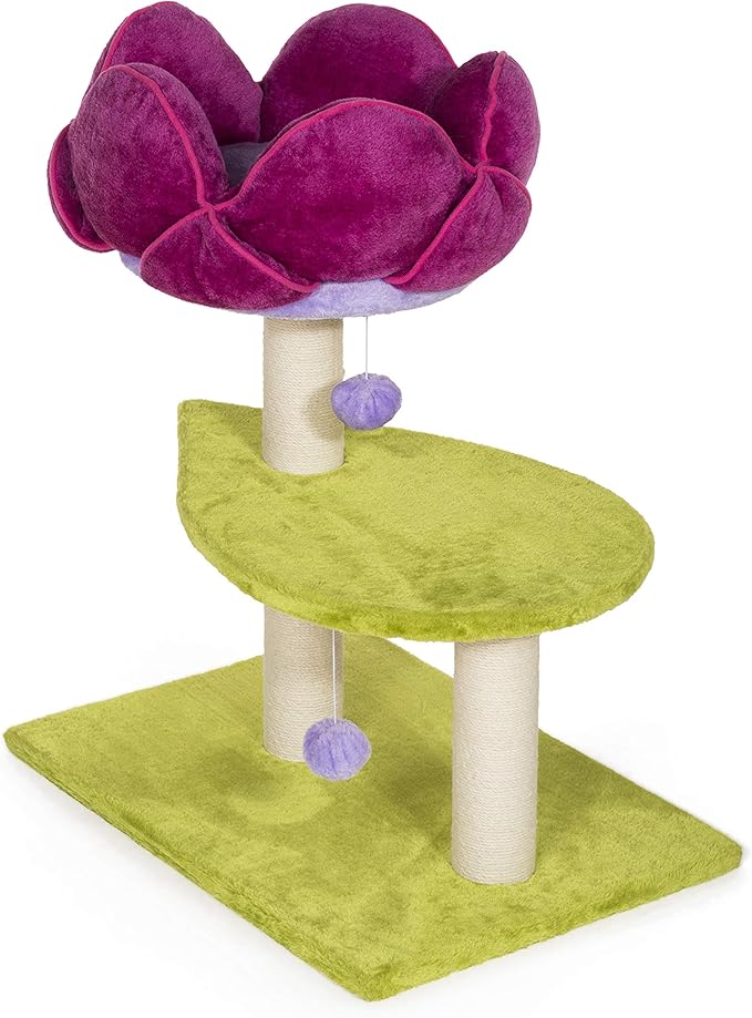 Prevue Pet Products Flower Garden Cat Tree - Multi-Level Indoor Cat Tower with Scratching Posts, Includes Hanging Toys and Play Areas, Plush Bed & Scratching Posts - Green and Pink