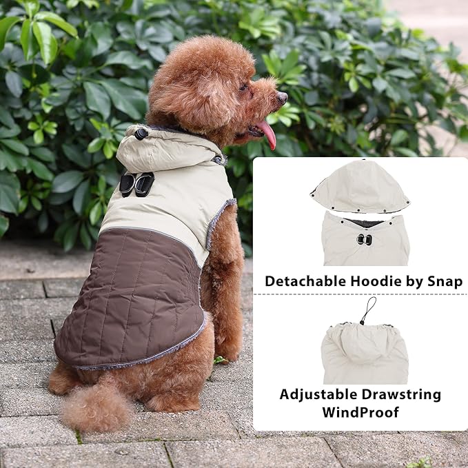 Detachable Hooded Dog Coat with Harness for Small Dogs,Super Warm Fleece Puppy Jacket for Cold Winter Doggie Coats,Brown M