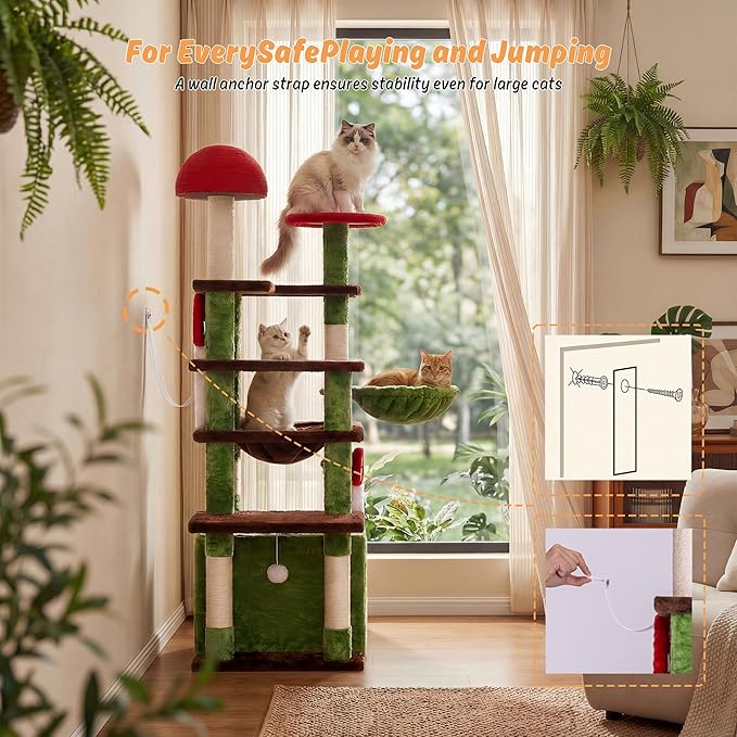 IRONCK Mushroom Cat Tree for Indoor Cats, 58" Multi-Level Cat Tower with Scratching Posts, Anti-Tip Extra Wide Base, Plush Cat Condo & Hammock Furniture for Cats, Easy Assembly