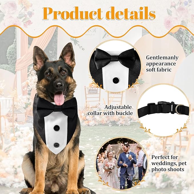 Dog Tuxedo Bandana Collar with Bow Tie, Adjustable Formal Suit Costume for Small Medium Large Dogs, Wedding Engagement Birthday Pet Outfit (Medium)