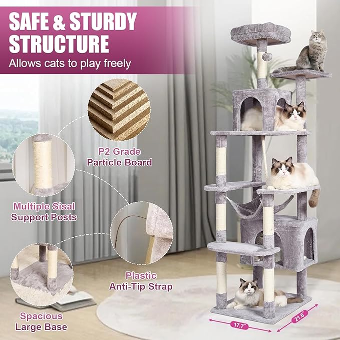 Cat Tree, 72in 8-Level Cat Tower with Sisal Scratching Post, Soft Top Platfomm, Basket, 2 Hidden Cat Condo, Balls, Space Saving Cat Condo, Indoor Pet Play House for 5 Cats, Light Grey