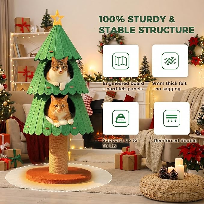 42.9 Inch Cat Tree for Indoor Cats, Cute Cat Tower with 2 Cozy Houses, Holiday Kitty Climbing Furniture for Kittens to Play and Sleep