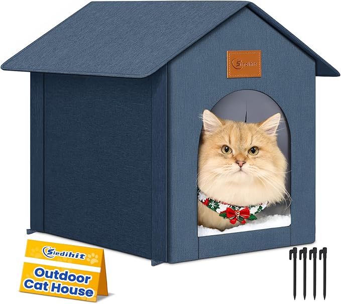 Outdoor Cat House Feral Cat Shelter,Outside Waterproof Cat House for Outdoor/Indoor Cats, Insulated Cat Bed for All Seasons with Cozy Cushion Easy to Assemble (Navy Blue, Floor Spike Style)