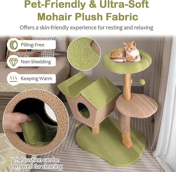 Tangkula Cat Tree, Solid Wood Cat Tower with Jute Scratching Post, Condo, Perch, Jingling Ball, Multi-Layer Activity Center, Modern Cute Cat Tree for Indoor Cats