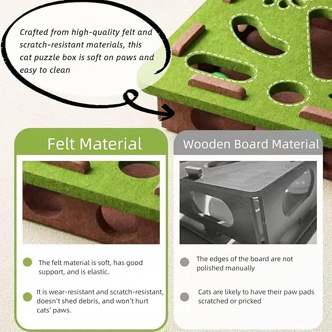 Cat Scratch Puzzle Enrichment Box, Cat Nail File Enrichment Box, Interactive Cats Toy Puzzle Toys for Indoor Cats Scratching and Hunting Mental Felt Maze Boxes, Pet Games Self Play Fun Exercise