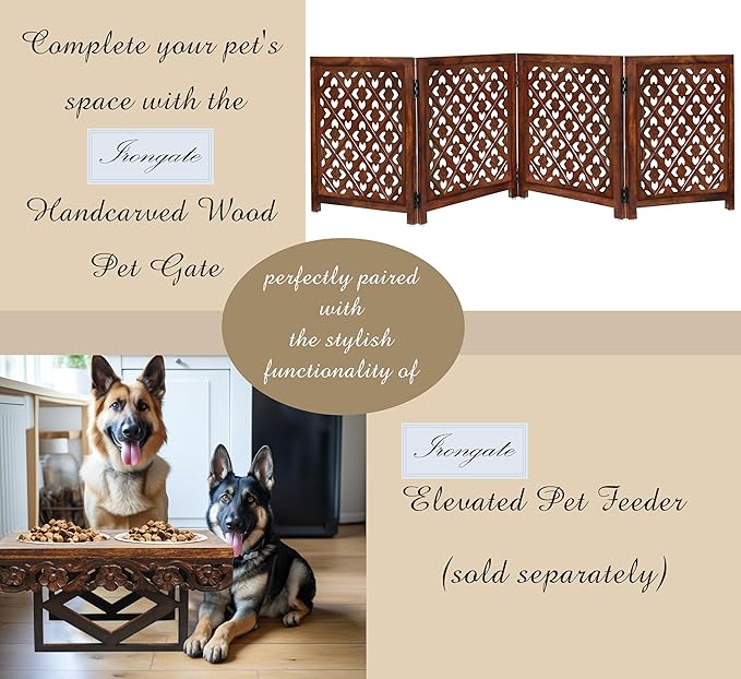Wooden Foldable Pet Dog Safety Gate - 4 Panels Lattice 20 W x 24 H - Hand Carved Solid Wood & MDF - Free Standing Portable Indoor Doorway Hall Stairs Puppy Fence - Assembled - Antique Brown - IRONGATE