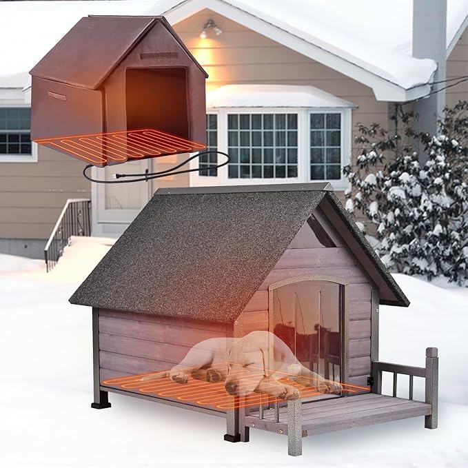 GUTINNEEN Outdoor Heated Dog House Insulated Dog Kennel with All-Around Metal Frame, Weatherproof Anti-Bite Dog Shelter with Porch, Wooden Puppy Home Indoor(Grey, 45’’ Medium)