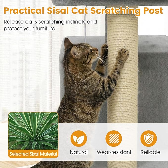 PETSITE 19.5-inch Small Cat Tree, with Sisal Scratching Post, Interactive Hanging Ball, Comfy Condo, and Spacious Top Perch, Ideal for Indoor Cats and Kittens (Grey)