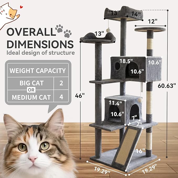 60.63in Cat Tree, Multi-Level Cat Tower with Spacious Kitten-Ear Perch, 2 Cozy Caves, Scratching Posts, Climbing Ladder, Durable Pet House Furniture for Indoor Kittens,Grey