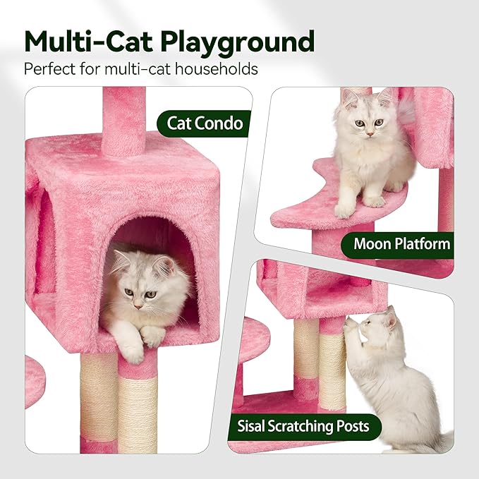 43-Inch Cat Tree,Cute Cloud Cat Tree for Kittens & Small Cats Under 6 Months 9lbs, Cat Tower with Scratching Post, Double Condos, Plush Hammock & Dangling Toys, Pink