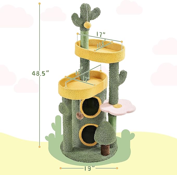 Yaheetech 48in Cactus Cat Tree with Flower-Themed Perches, Multi-Level Platforms, Condo, Scratching Posts & Dangling Balls