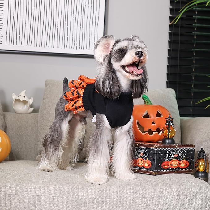 CuteBone Halloween Dog Sweater Dress for Medium Dogs Girl, Happy Halloween Embroidery Turtleneck Small Dog Sweater with Bowtie, Pet Clothing for Chihuahua Yorkie Teacup DS107XL