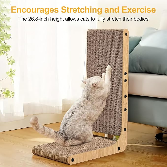 Cat Scratcher L Shape Large, 26.8 inch Cat Scratching Pad for Indoor Cats, Cardboard Cat Scratch Pad with Ball Toy
