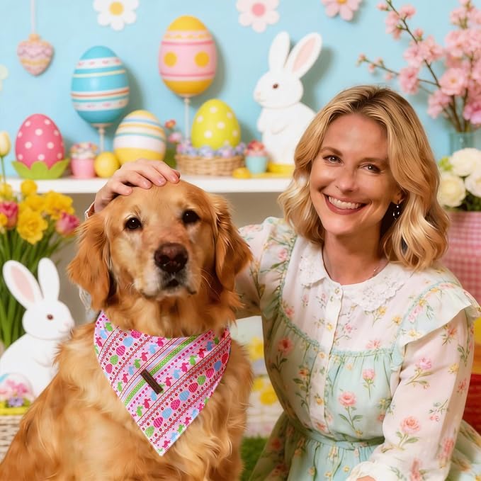 Elegant little tail Easter Dog Bandana, Bunny with Flower 1PC Washable Dog Scarf Female or Male Square Bib Kerchief Scarf Adjustable Pet Bandana for Medium Large Dogs