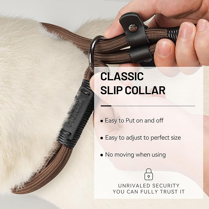 Slip Dog Collar, Nylon Rope Dog Choker Collars with Adjustable Stopper, Heavy Duty Collar for Medium Dog Training (Brown)