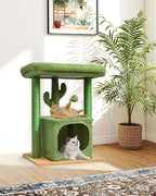 SYANDLVY 27" Cactus Cat Tree for Indoor Cats, Green Activity Tower with Scratching Posts, Modern Kitten Condo with Plush Perch & Hanging Ball for Play
