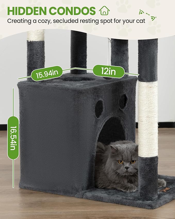 Multi-Level Cat Tree Tower for Indoor Cats, 67 inch Tall XL Heavy Duty Climbing Tower with 3 Large Platform, Scratching Post, Hammock, Kitty Condo for Multiple Cats, Extra Large Cat Trees, Dark Grey