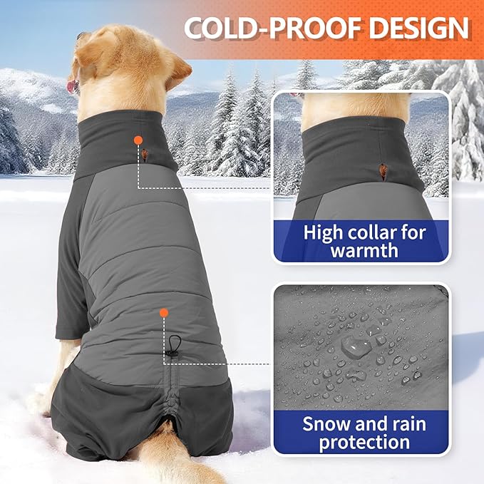 BRKURLEG Full Body Dog Winter Coat Warm Fleece Pullover Pajamas, Four Legs Covered Windproof Dog Jacket for Small to Large Dogs, Turtleneck Dogs Snowsuit, Pet Cold Weather Clothes, Grey XS