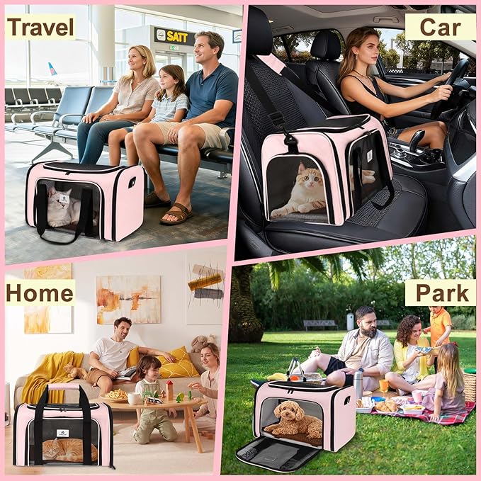 Cat Carrier Dog Carrier - Soft-Sided Cat Carrier with Plush Pad & Cooling Mat, Easy-Load 4-Side Zipper & 3-Side Mesh Ventilation, Pet Carrier Airline Approved for Cats/Dogs Up to 16 lbs, Pink