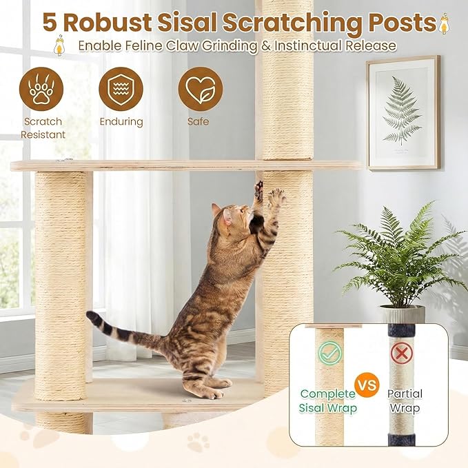 Tangkula Tall Cat Tree, 63 Inch Multi-Level Wood Cat Tower with Sisal Scratching Posts & Mat, 2-Story Condo, Plush Padded Top Perch, Dangling Ball, Modern Cat Tree Tower for Indoor Cats Large Adult