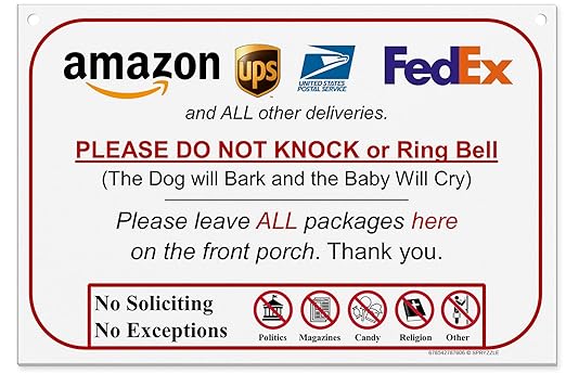 Leave Package Sign - Do Not Knock or Ring DoorBell (Dog Will Bark & Baby Will Cry - Hang Sign)
