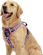 Funfox Dog Harness No Pull, Adjustable Pet Vest Harness, Super Soft Material with Vertical Handle Easy Control, Reflective Night Walking, 2 Leash Clips for Large Dogs, Mosaic Pink, L