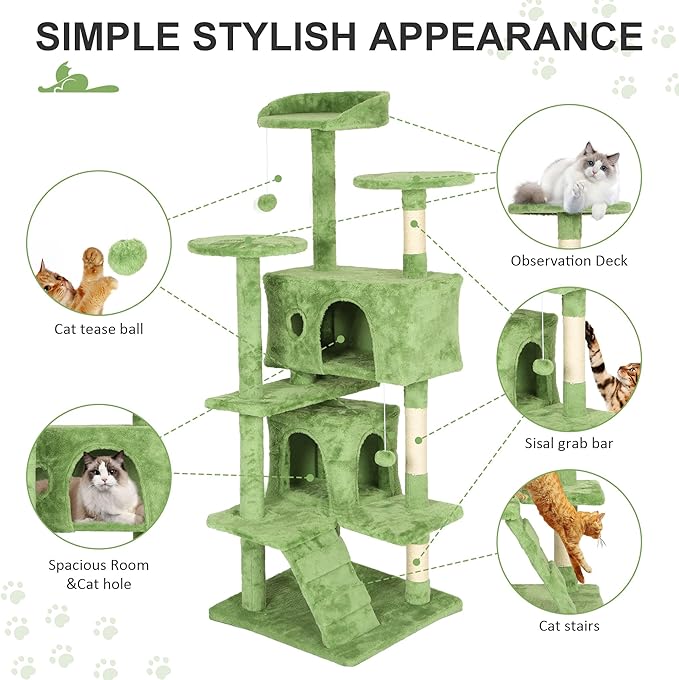 70" Multi-Level Cat Tree Tower with Scratching Posts, Toys & Condo - Space-Saving Design for Indoor Kittens, Compact Floor Footprint & Vertical Space for Multi-Cat Homes-Green