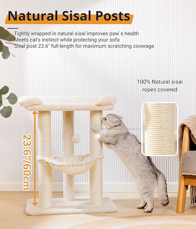 Happi N Pets 28" Cat Tree, Large Bed for Big Cats, Small Cat Tower with Soft Perch for Window Viewing, Stable Cat Tree Tower, Cat Scratching Post with Hammock, Removable Cover-Beige