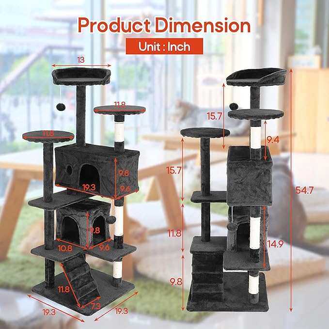 24/7 Shop at Home Court 54 inch Multi-Level Cute Cat Tree Tower with Dangling Ball and Scratching Posts for Indoor Cats Adults, Kitten Supplies, Pet House, Dark Gray