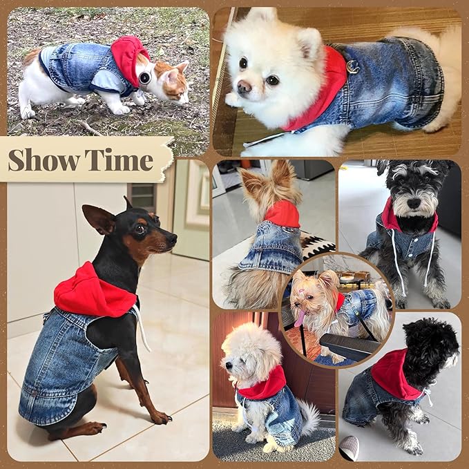 Cool Dog Jean Jacket Vest with D-Ring Blue Denim Dogs Hoodies Outfits for Small Medium Dogs Cats Boy Male Dog Clothes Costume Dogggie Puppy Harness Coat for Frenchie Walking(Red Hat,XXL)