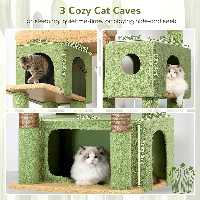Globlazer Large Cat Tree, 80 inch Multi-Level Cactus Tall Climbing Tower Kitty Condos Cat Scratching Tower for Indoor Multiple Large Adult Cats Kittens with 3 Cat Caves, 3 Hanging Baskets, F80F, Green