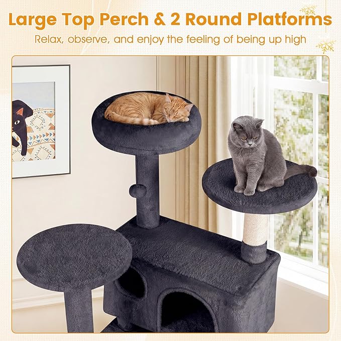 PETSITE 52-inch Cat Tree, Multi-Level Cat Tower with Sisal Scratching Posts, 2 Comfy Condos, Plush Padded Soft Top Perch, Dangling Balls, and Climbing Ladder, Ideal for Indoor Cats (Dark Grey)