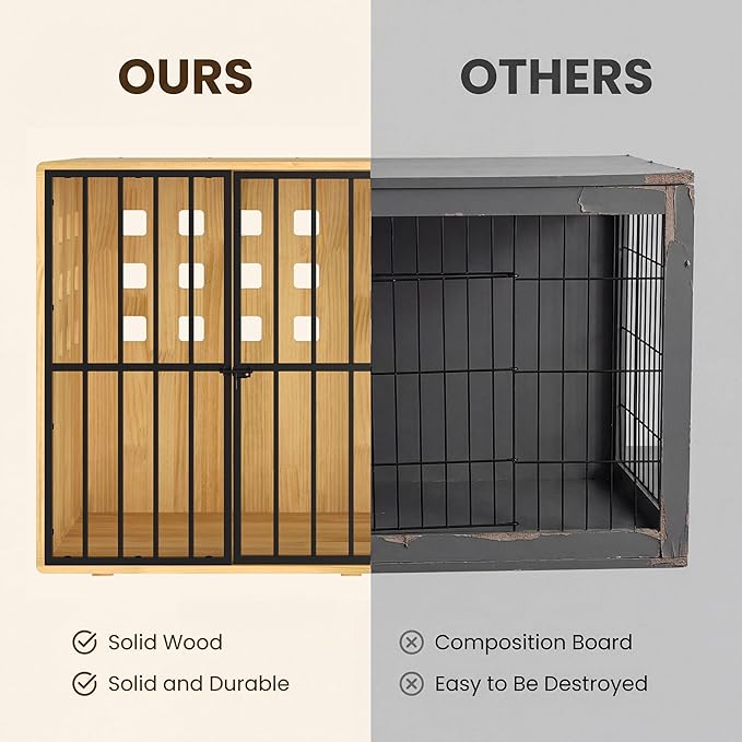 Extra Large Dog Crate Furniture, 47.2 Inches Wooden Dog Crates for Medium & Large, Decorative Kennel Indoor with Lockable Door, Heavy Duty Pet Crate Side Tbale for Living Room, Natural